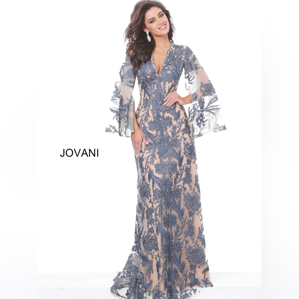 Jovani Cape Sleeve Novelty Lace Sheath Gown
